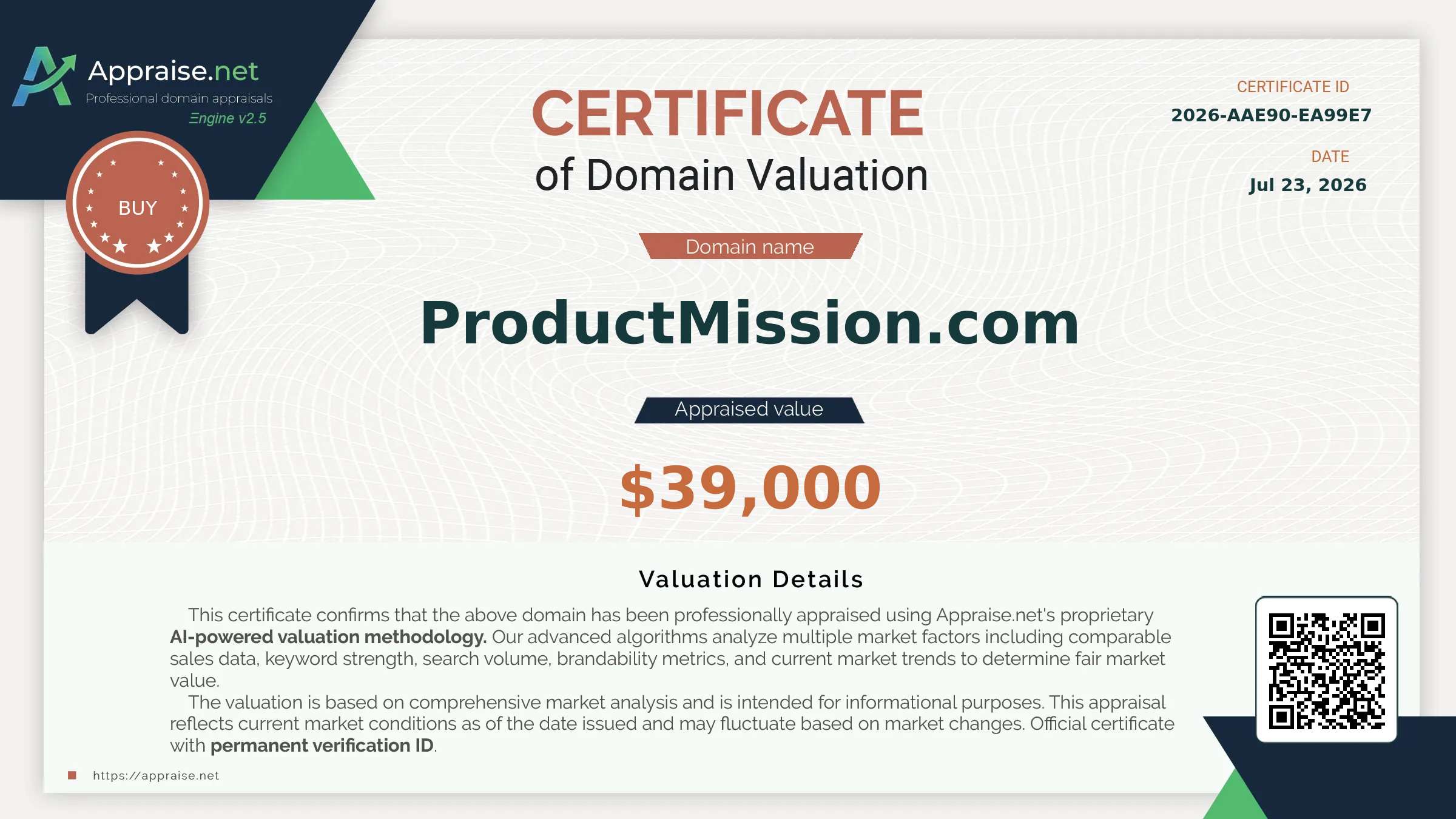 Appraise.net certificate for ProductMission.com